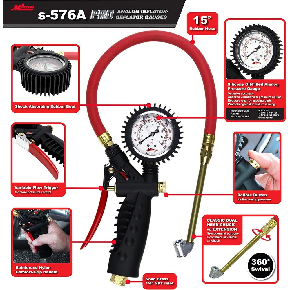 Milton Industries S-576A Pro Analog Pistol Grip Inflator Gauge-Dual Head Chuck and 15" Hose-160 PSI