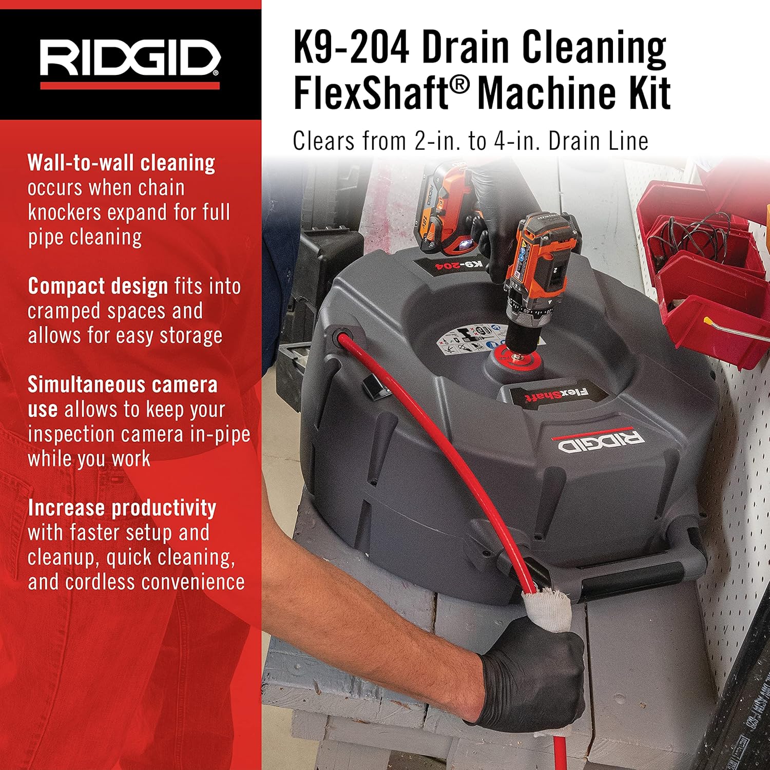 Ridgid 64273 Flex Shaft K9-204 Machine de nettoyage de canalisations pour tuyaux de 2 à 4" ; comprend : 70' de câble 5/16" et un kit