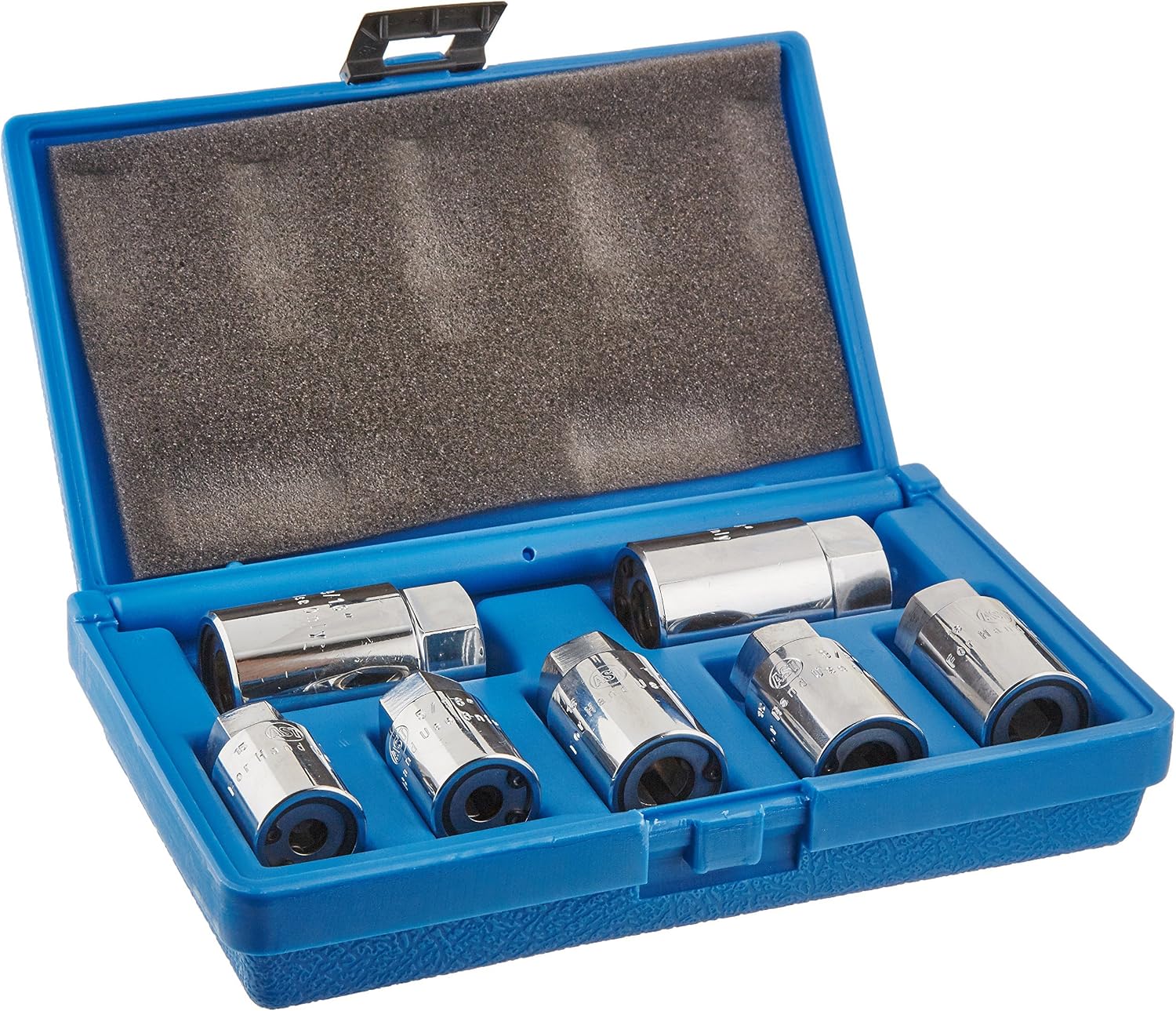 Assenmacher Specialty Tools 203 7pc Standard Size Stud Remover/Installer Set displayed in open blue blow-molded case with foam insert