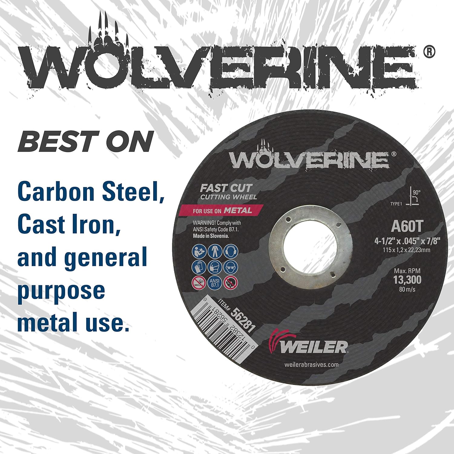 Weiler 56281 4-1/2" X .045" Wolverine Type 1 Cut-Off Wheel, A60T, 7/8" A.H. (Pack of 25)