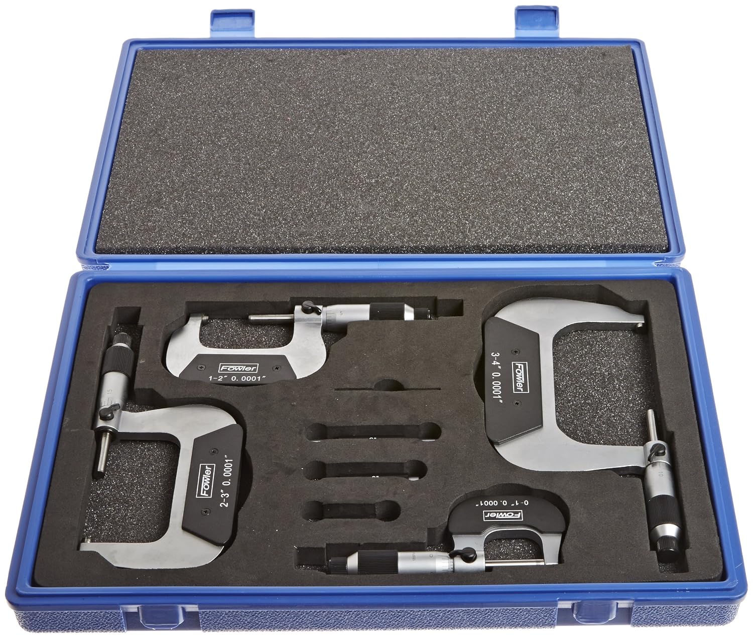 Fowler Precision 72-229-214-0 4pc Outside Micrometer Set 0-4" arranged in fitted blue carrying case
