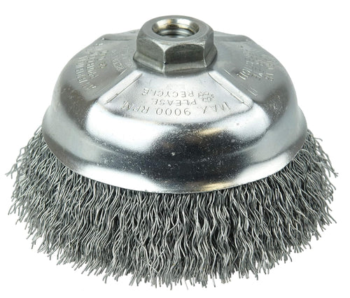 Weiler 14206 Arbre 5/8"-11. Taille de fil 0,014". 5" de diamètre. Poils en acier. Brosse coupe en fil frisé