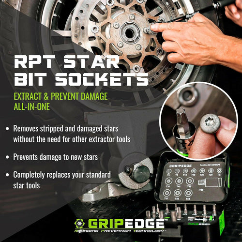 GripEdge RPT Star Bit Sockets infographic showing extract and prevent damage all-in-one feature callout