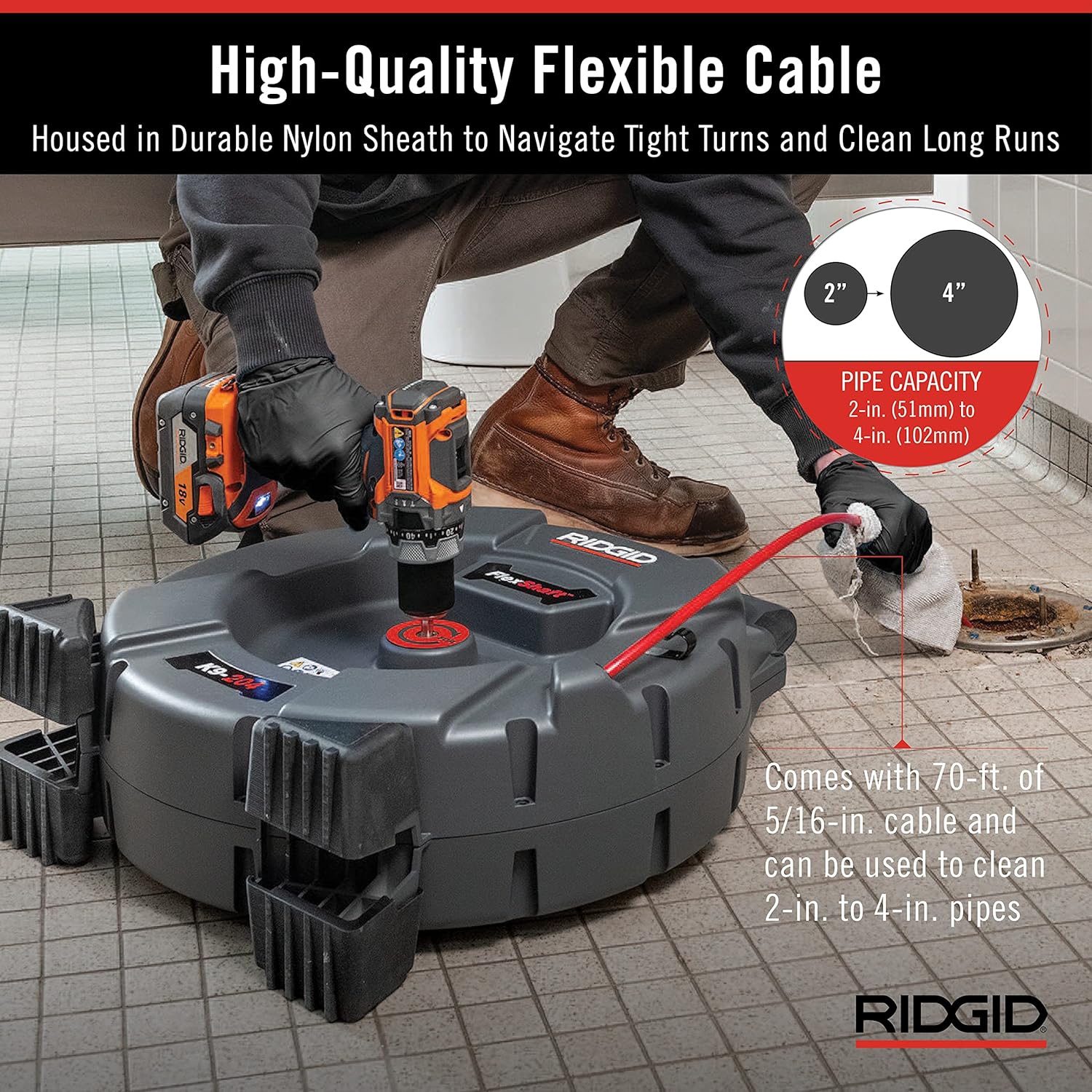 Ridgid 64273 Flex Shaft K9-204 Machine de nettoyage de canalisations pour tuyaux de 2 à 4" ; comprend : 70' de câble 5/16" et un kit