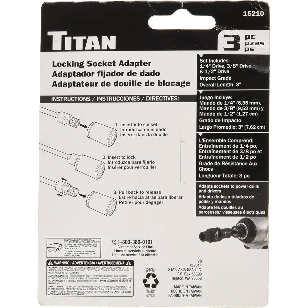 Titan Tools 15210 Jeu d'adaptateurs de douille verrouillable de 3 po - 3 pièces