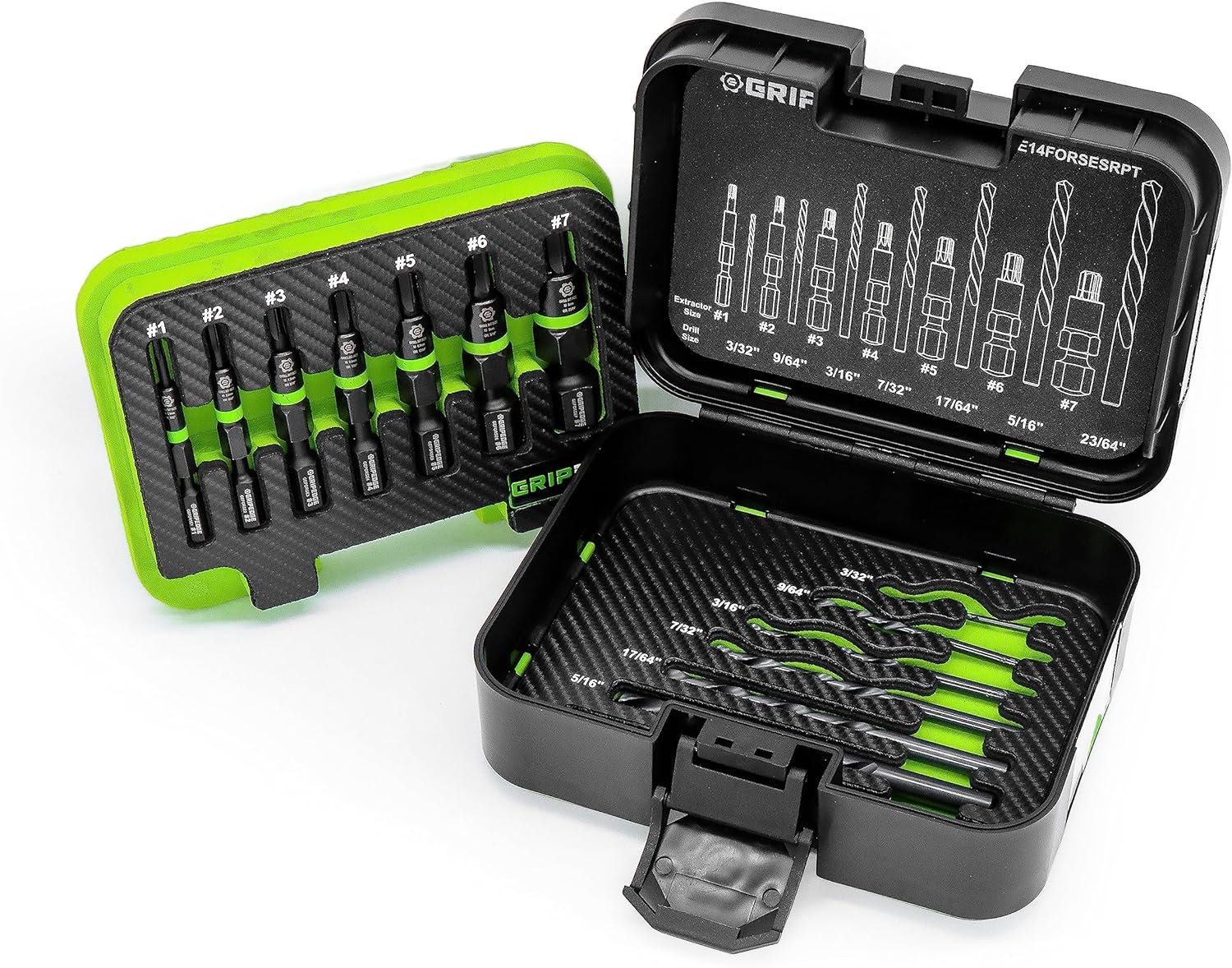 GripEdge GE14FORSESRPT 14pc RPT G-FORS Extractor & Left Hand Drill Bit Set, #1-#7 & 3/32"-23/64"