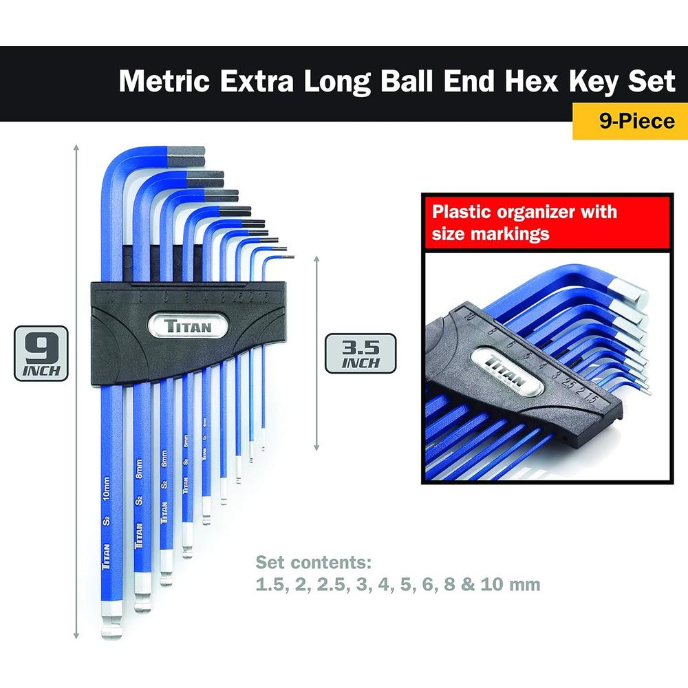 Titan Tools 12714 9 pieces Metric Extra Long Ball End Hex Key Set