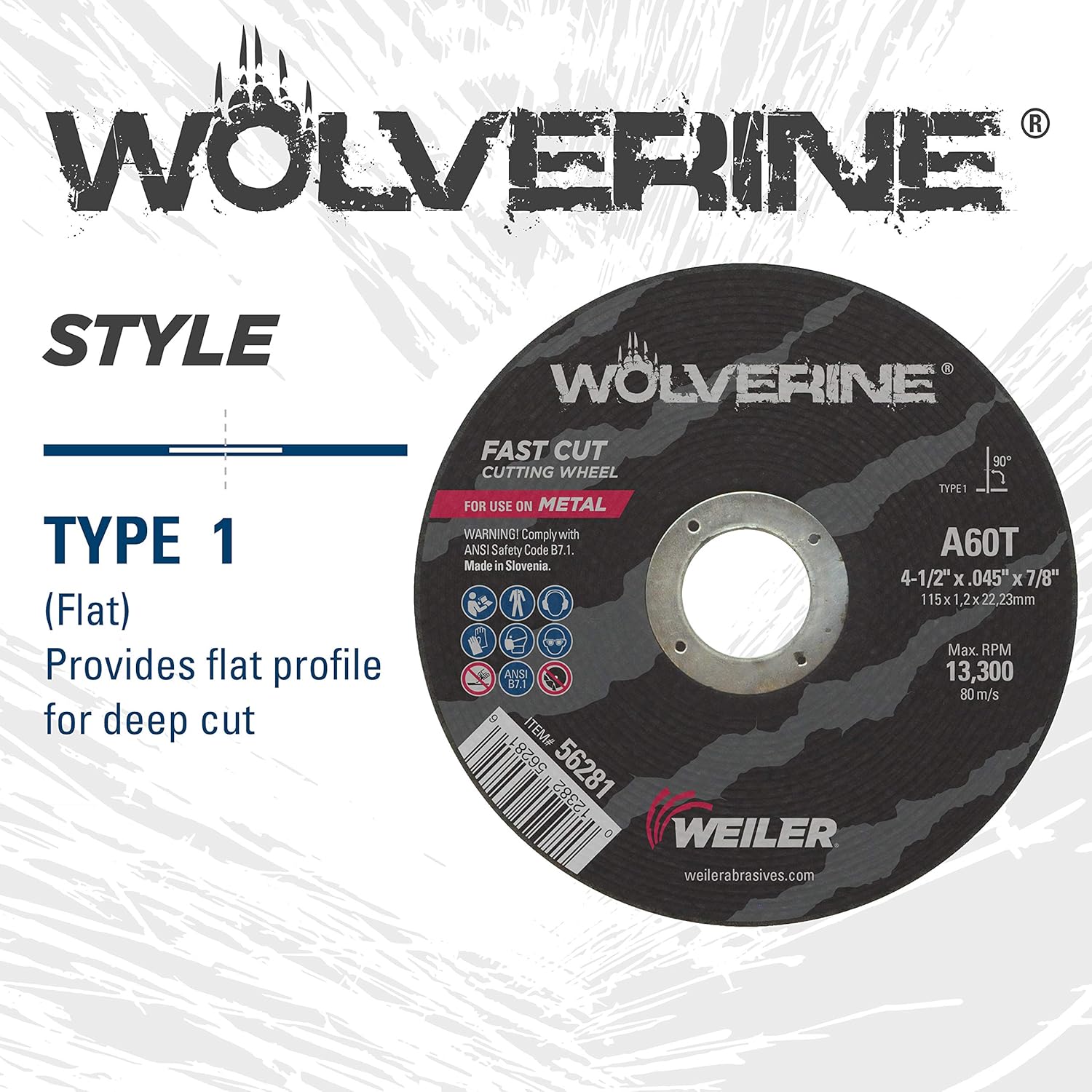 Weiler 56281 4-1/2" X .045" Wolverine Type 1 Cut-Off Wheel, A60T, 7/8" A.H. (Pack of 25)