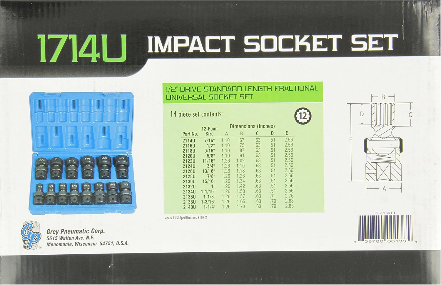 Grey Pneumatic 1714U 1/2" Dr. 14 Pc. Std. Length Frac.Univ.Set  - 12 Point