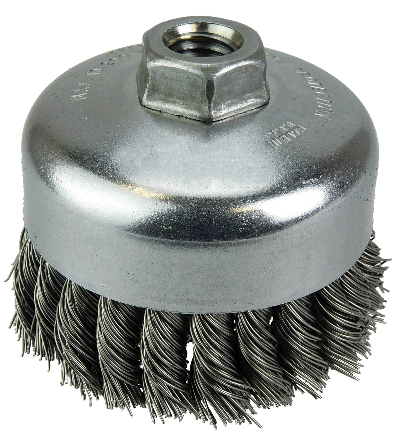 Weiler 12306 Brosse coupe métallique. Trou fileté. Acier. Torsion partielle nouée. Ligne unique. 10,2 cm de diamètre. 0,014" de diamètre de fil. Arbre 5/8"-11. Longueur des poils 1-1/4". 9000 tr/min
