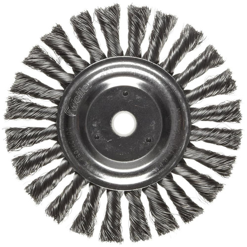Weiler 08075 Arbre Dulife 5/8"-1/2". Taille de fil de 0,0118 po. Diamètre de 6 po. Largeur de face de 1/2 po. Brosse à fil métallique à nœud torsadé standard à poils en acier