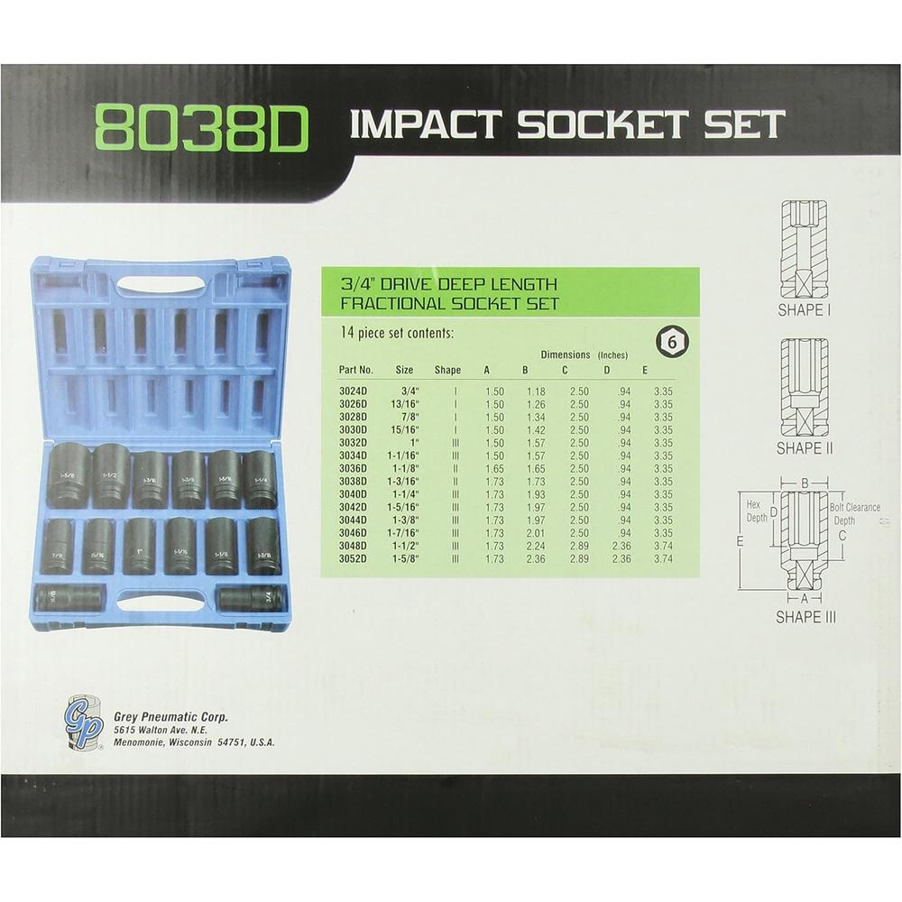 Grey Pneumatic (8038D 3/4" Drive 14-Piece Deep Socket Set