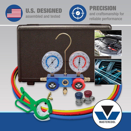 Mastercool 89661-PRO R134A Aluminum Manifold, Manual Couplers W/60" Hoses In A Plastic Box W/Free 85530