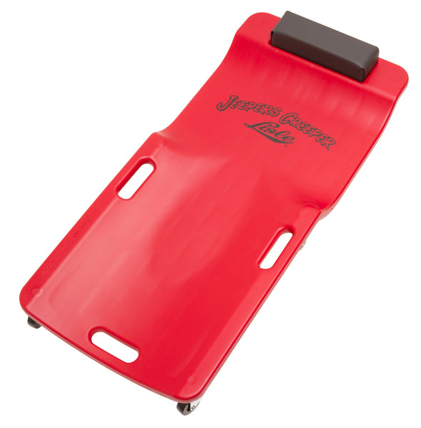 Lisle 92102 Low Profile Red Plastic Creeper - top angle view showing body-fitting design, padded headrest, and side carry handles