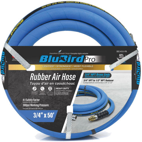 Blubird BBPRO3450 Bluebird Pro Rubber Air Hose Assembly, 3/4" x 50', 3/4" Male-NPT, 300 PSI, EPDM - MPR Tools & Equipment