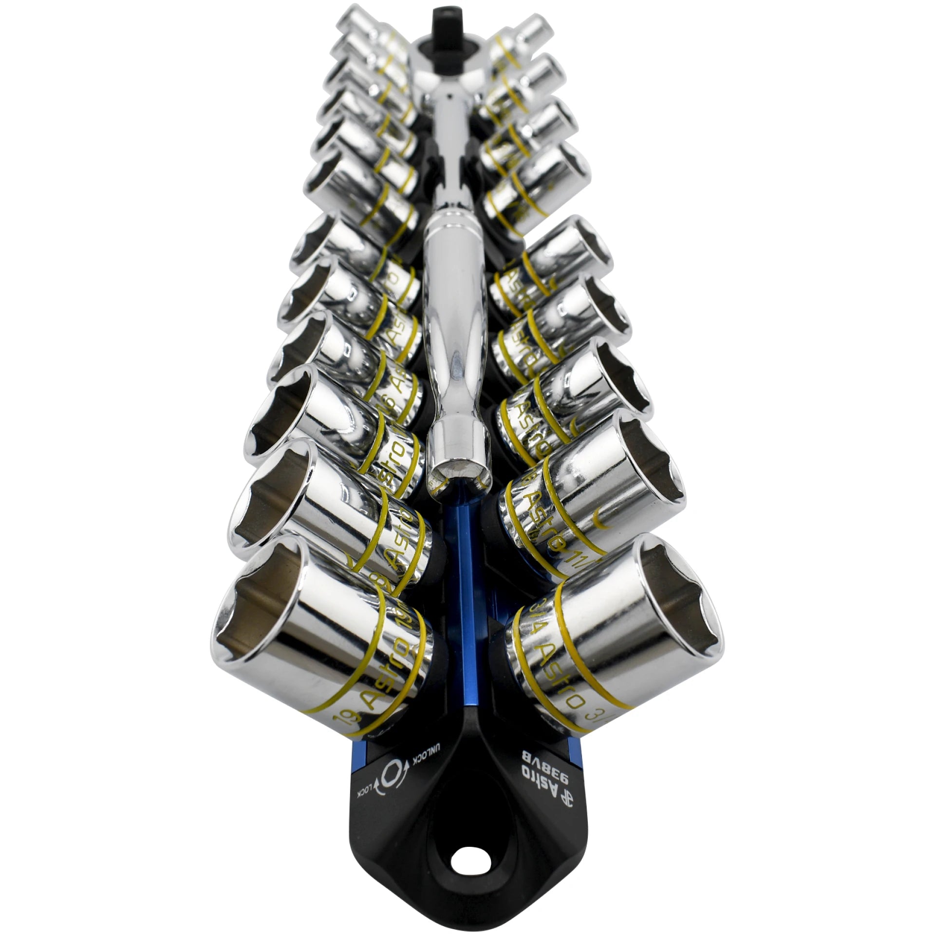 Astro Pneumatic AST-938VB V12 Socket Organizer with Sockets and Ratchet Loaded - Angled View