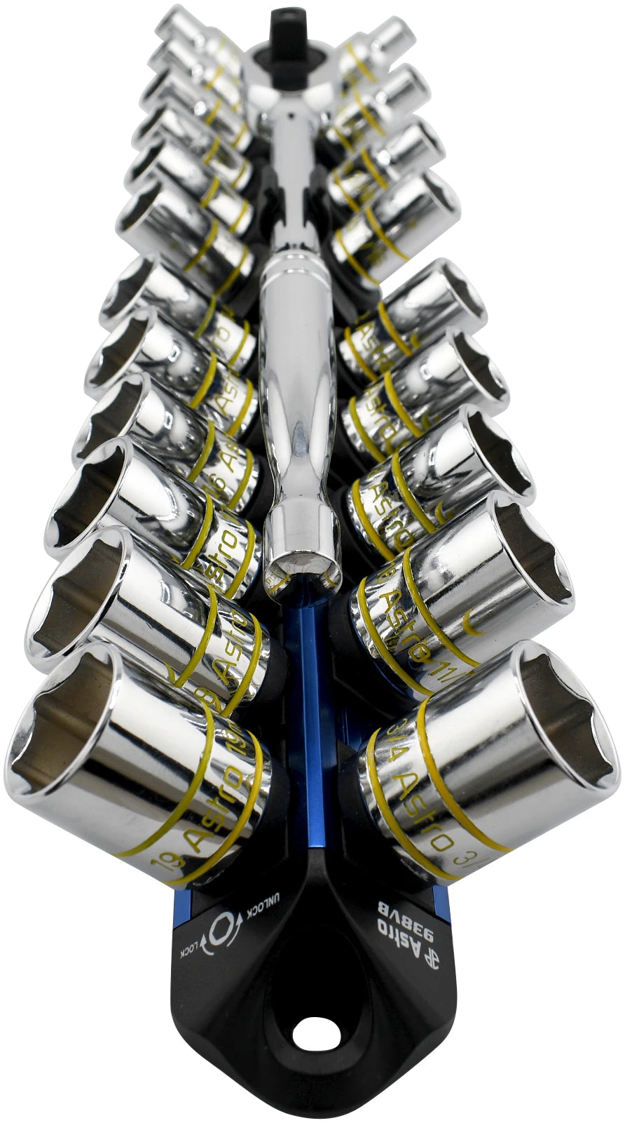 Astro Pneumatic AST-938VB V12 Socket Organizer Loaded with 24 Sockets and Ratchet - Angled View