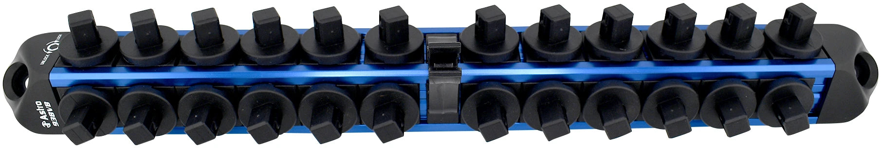 Astro Pneumatic AST-938VB 3/8" Drive V12 Locking Magnetic Socket Organizer, Blue Rail - Side View Empty