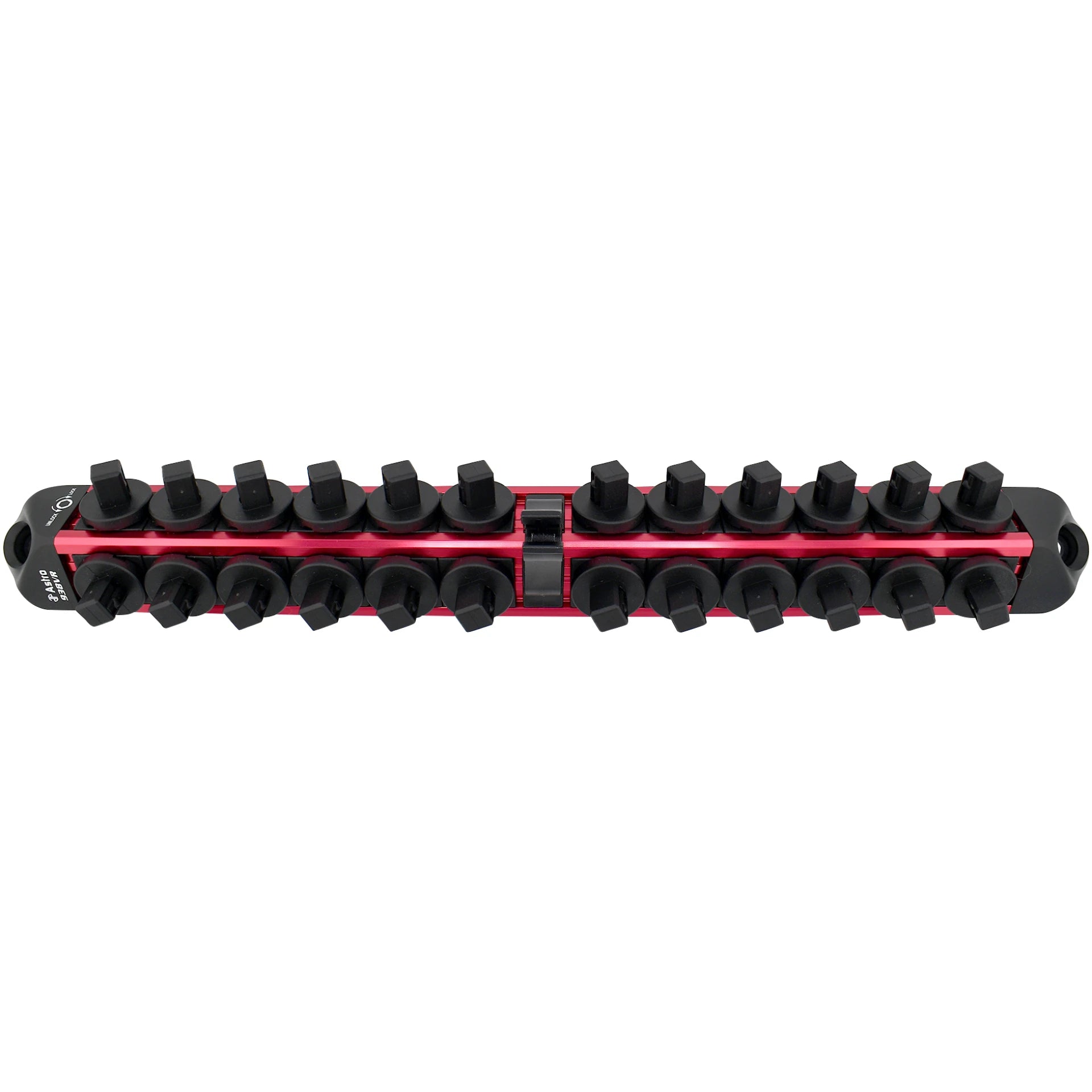 Astro Pneumatic AST-938VR 3/8" Drive V12 Locking Magnetic Socket Organizer in Red, top view showing 24 socket holders on dual rails