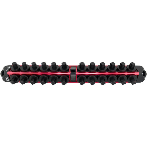 Astro Pneumatic AST-938VR 3/8" Drive V12 Locking Magnetic Socket Organizer in Red, top view showing 24 socket holders on dual rails