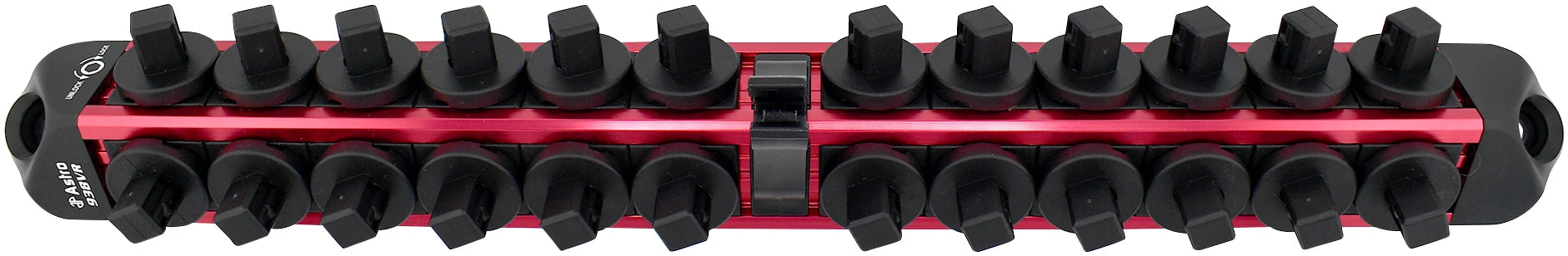 Astro Pneumatic AST-938VR 3/8" Drive V12 Locking Magnetic Socket Organizer in Red, angled view showing low-profile dual-rail design