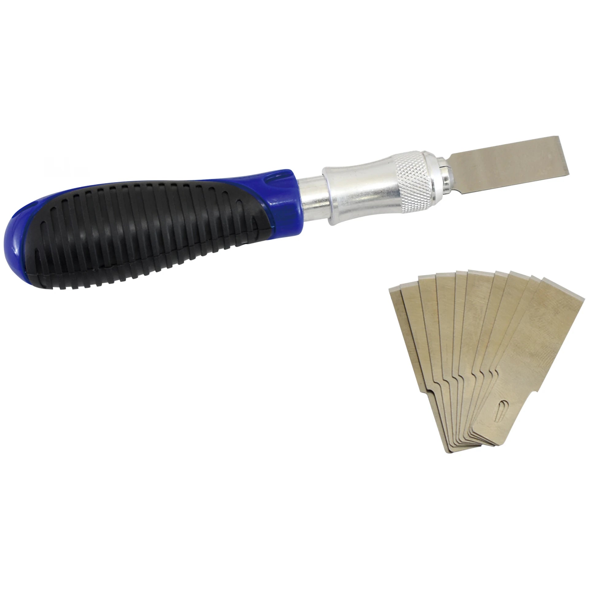 Astro Pneumatic 9531 Universal Razor Edged Scraper with 10 square blades fanned out, blue ergonomic cushion-grip handle