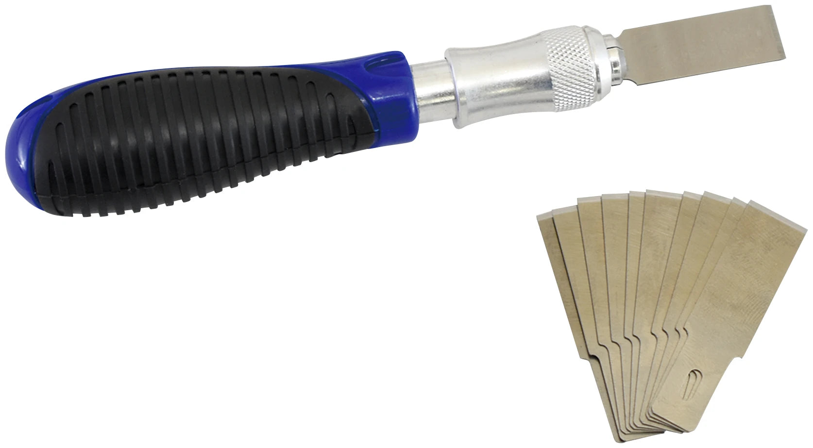 Astro Pneumatic 9531 Universal Razor Edged Scraper with 10 replacement square blades displayed, blue handle