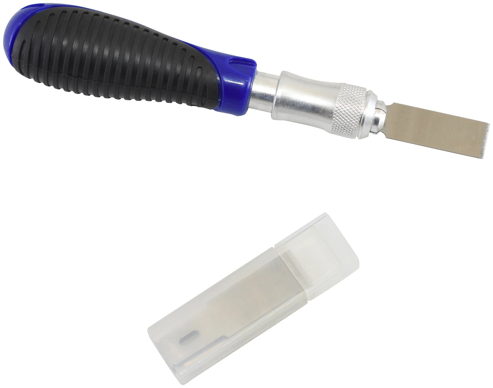 Astro Pneumatic 9531 Universal Razor Edged Scraper with blade guard alongside, blue ergonomic handle side view