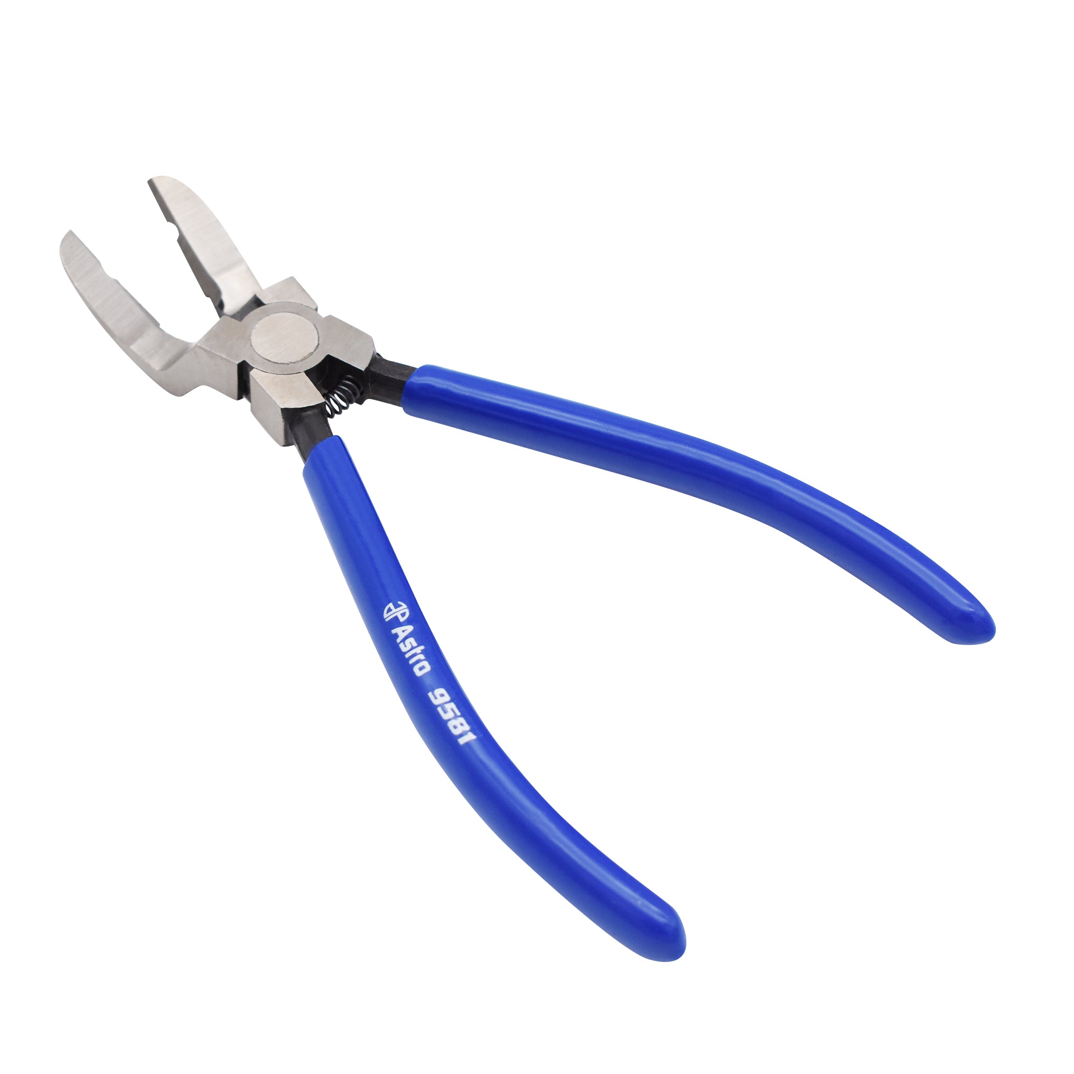 Astro Pneumatic 9581 Precision Panel Clip Pliers top angle view with notched jaw and blue handles
