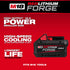 Milwaukee Tool M18 REDLITHIUM FORGE XC8.0 feature callout showing High Output power, high-speed cooling, and longest life vs REDLITHIUM