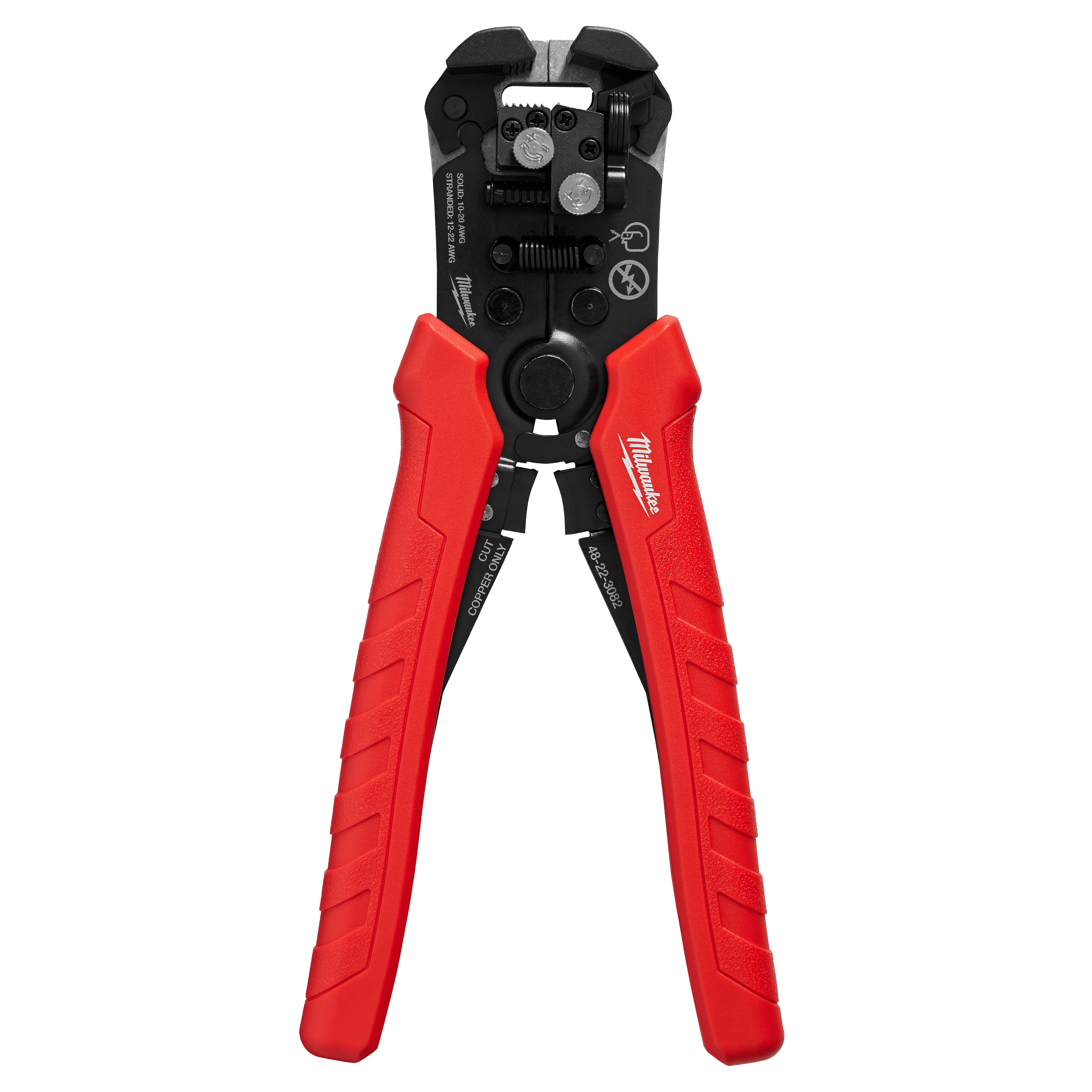 Milwaukee Tool 48-22-3082 Self-Adjusting Wire Stripper & Cutter, front view with red comfort grip handles