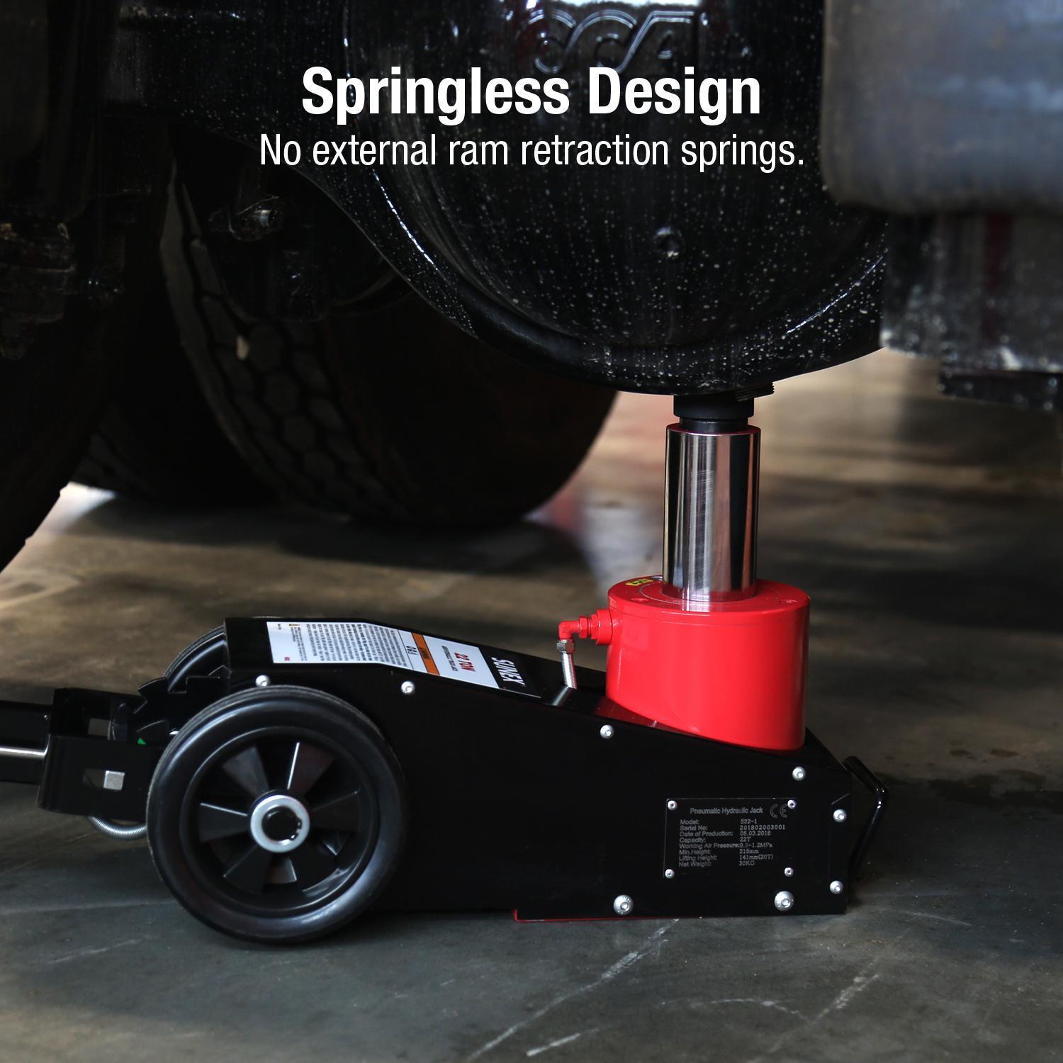 Sunex Tools 6822 Truck Jack - springless design with no external ram retraction springs shown in use under truck