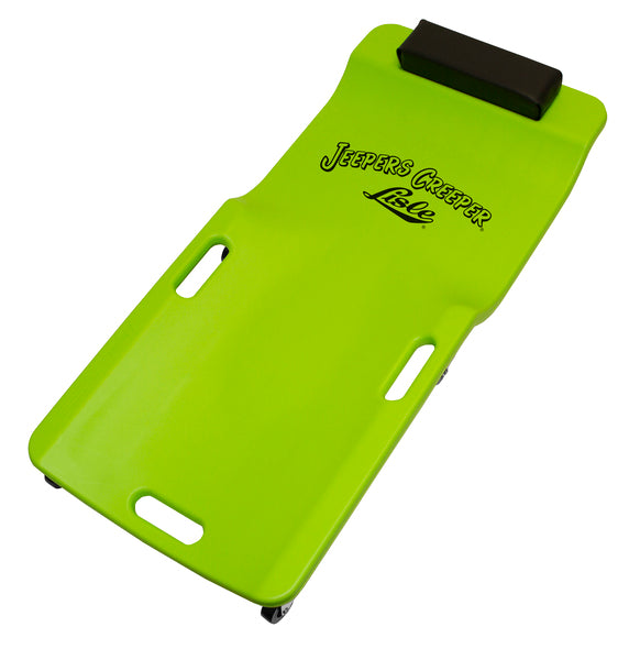 Lisle 99102 Low Profile Plastic Creeper in Neon Green, top angle view showing padded headrest and Jeepers Creeper branding