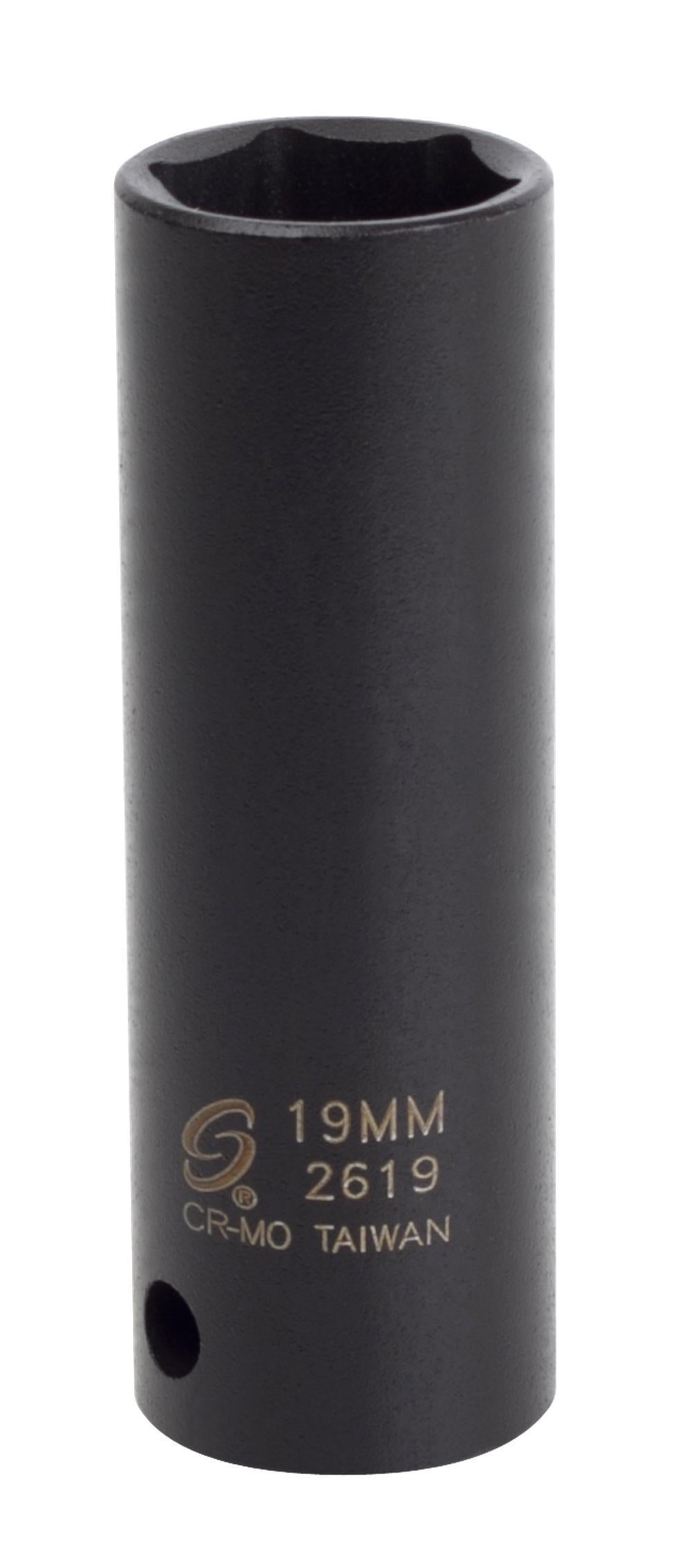 Sunex Tools 2619 1/2" Drive 19mm Extra Thin Wall Deep Impact Socket, 6-Point CR-MO, Black Phosphate Finish