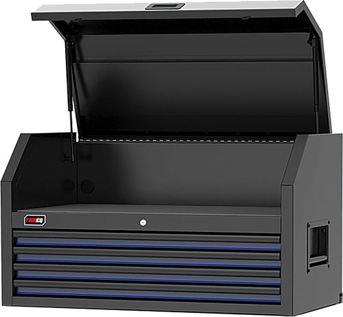 TOBEQ TCBT410421BLBK 41" HD Series 4-Drawer Top Chest in Blue/Black with open clamshell lid revealing interior storage