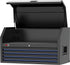 TOBEQ TCBT410421BLBK 41" HD Series 4-Drawer Top Chest in Blue/Black with open clamshell lid revealing interior storage