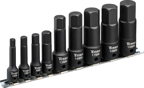 Titan Tools 49011 9-Pc 1/4" & 3/8" Drive X-Long Impact Metric Hex Bit Socket Set on Metal Storage Rail, 6MM-19MM - MPR Tools & Equipment
