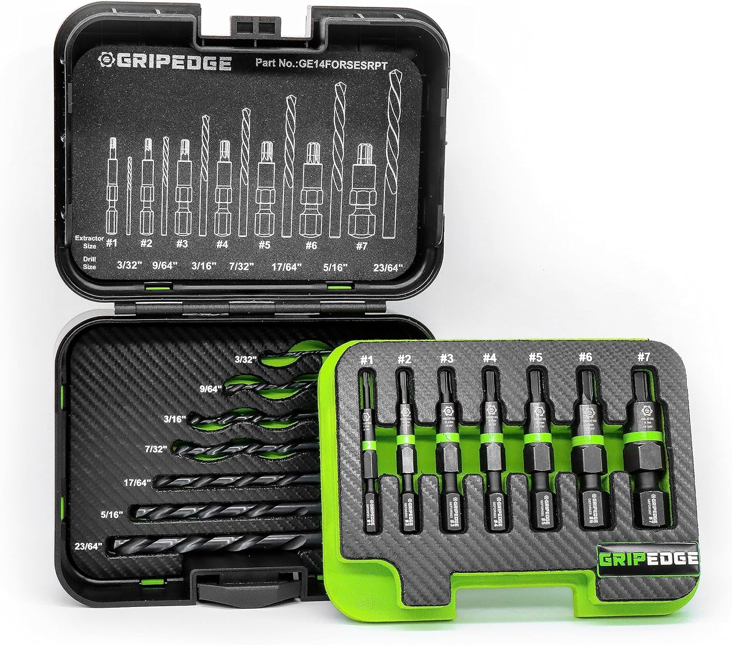 GripEdge GE14FORSESRPT 14pc RPT G-FORS Extractor & Left Hand Drill Bit Set, #1-#7 & 3/32"-23/64"