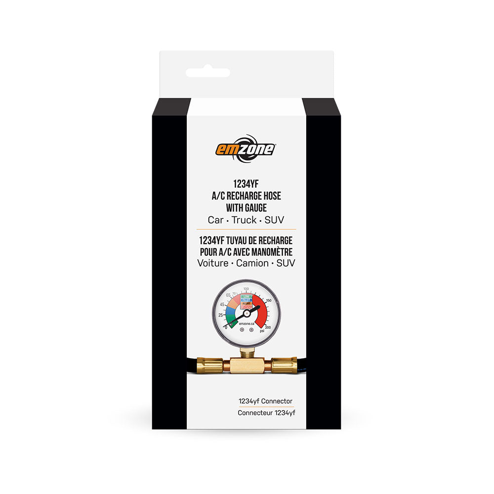 Emzone EMZ-45763 1234yf A/C Recharge Hose with Gauge, 13 In - retail packaging for Car, Truck, and SUV