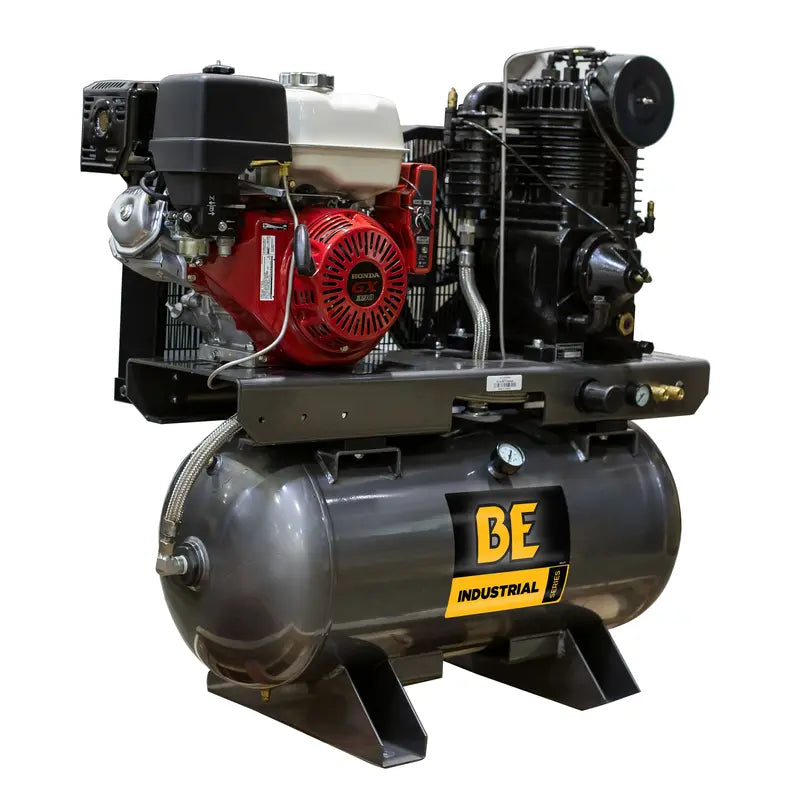 BE Power Equipment AC1330HEB2 23 CFM 175 PSI Gas Air Compressor with Honda GX390 Engine - angled view