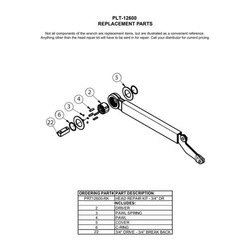 ATD Tools PRT12600-RK Head Repair Kit for PLT-12600 3/4" Drive Torque Wrench