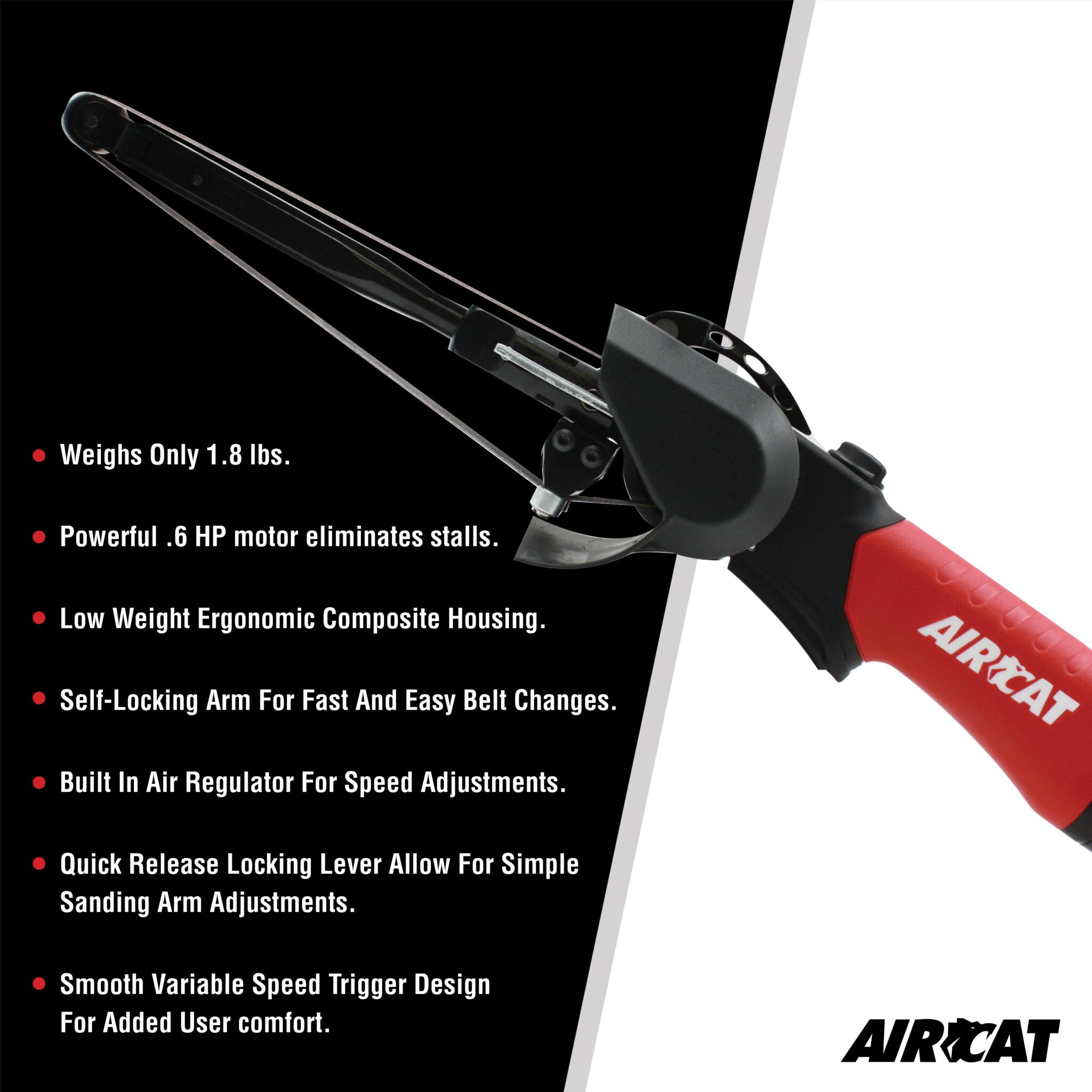 Aircat 6325 Belt Sander feature callout - 1.8 lbs, 0.6 HP motor, self-locking arm, built-in air regulator