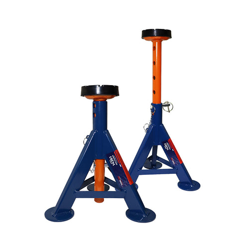 AME International 14361 TitanPro 4-Ton Flat Top Jack Stands pair, blue and orange, shown at different heights