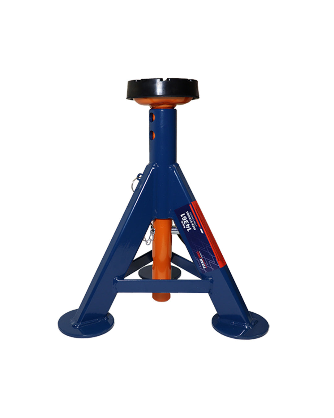 AME International 14361 TitanPro 4-Ton Jack Stand front view at minimum height, blue triangular base