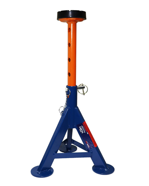 AME International 14361 TitanPro 4-Ton Flat Top Jack Stand single unit at maximum height, blue and orange