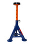 AME International 14361 TitanPro 4-Ton Flat Top Jack Stand single unit at maximum height, blue and orange