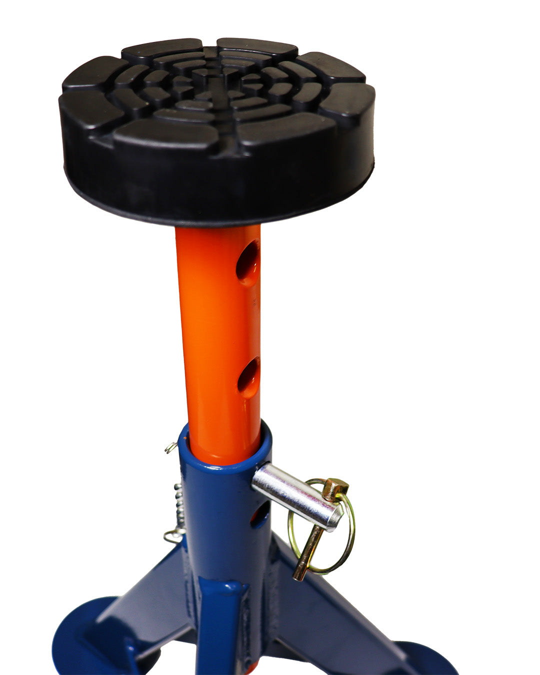 Close-up of AME International 14361 TitanPro Jack Stand flat top rubber pad and lockable safety pin detail