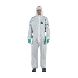 Ansell AlphaTec 1800 STANDARD Model 111 White Disposable Coverall 2XL with attached hood, front zipper, and elastic wrists