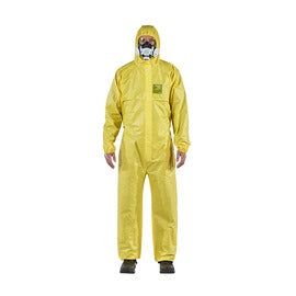 Ansell AlphaTec 2300 STANDARD Model 111 Yellow Disposable Coverall X-Large worn by worker with respirator mask