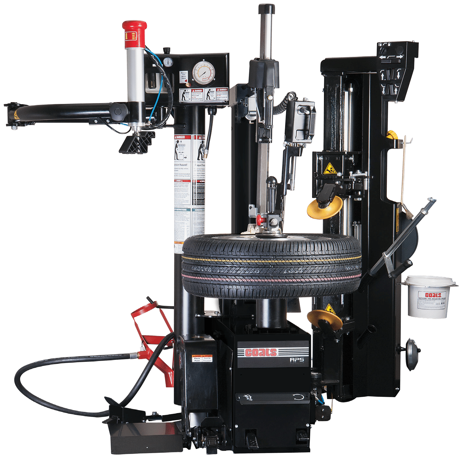 Coats APS 3000 Leverless Tilt-Back Tire Changer with tire mounted, full machine view